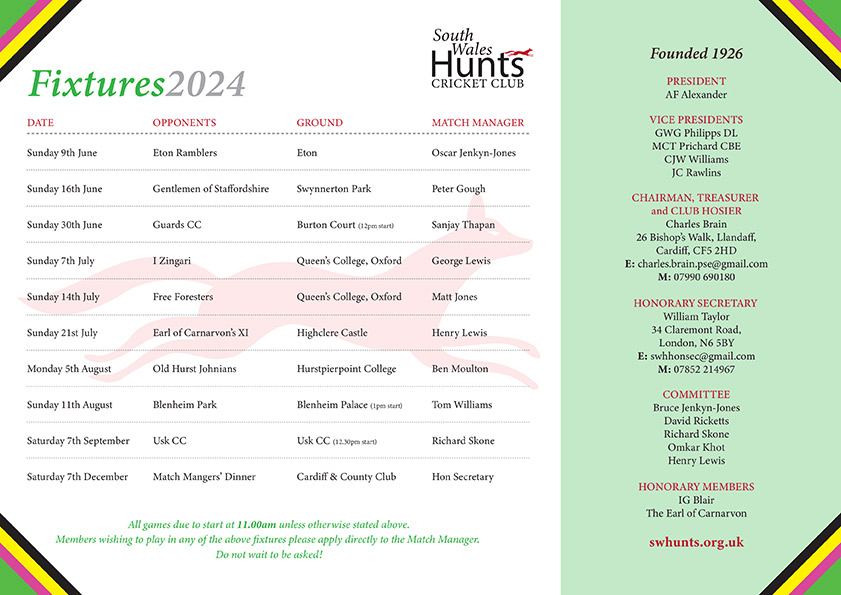 South Wales Hunts Cricket Club fixtures list 2024
